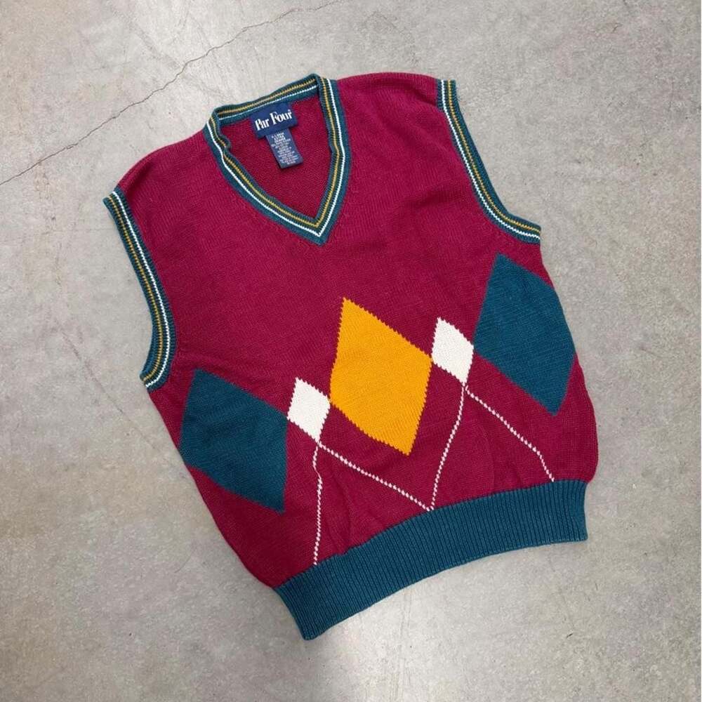 Vintage Par Four Argyle V-Neck Sweater Vest XL Burgundy
